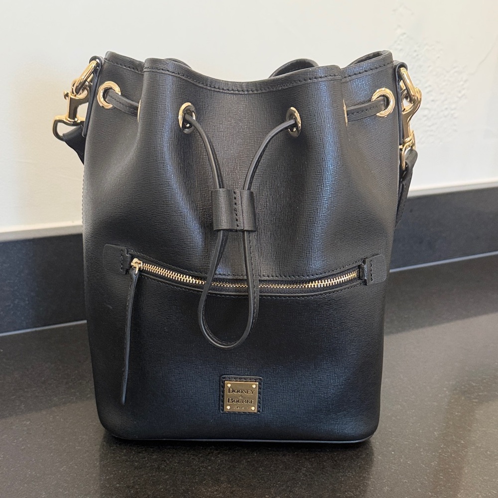 Dooney & Bourke Black Bucket Bag with Gold Accents